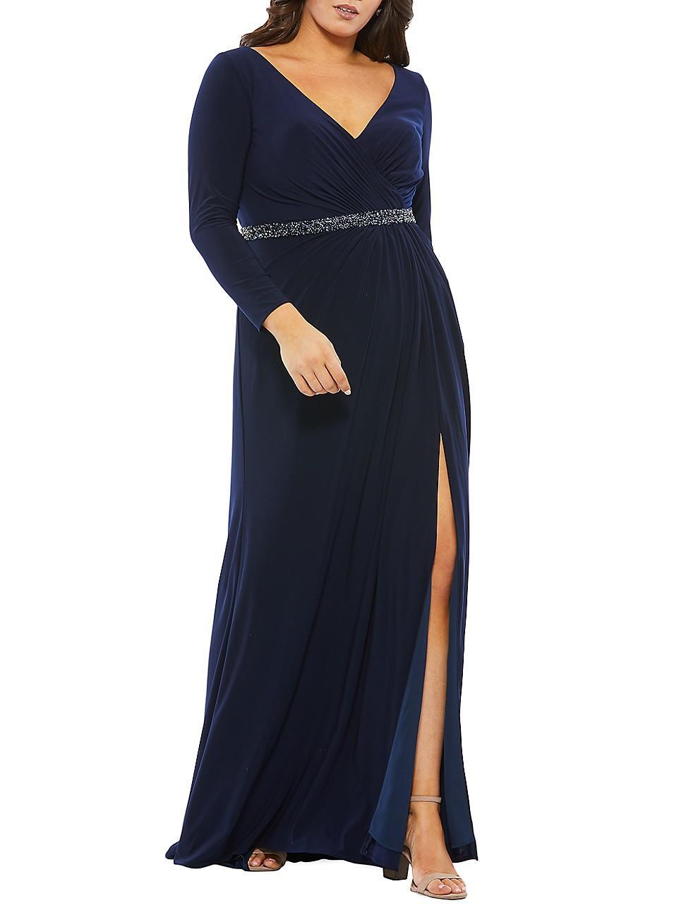 Mac Duggal Womens Beaded Belt Jersey Faux Wrap Long Sleeve Gown Product Image