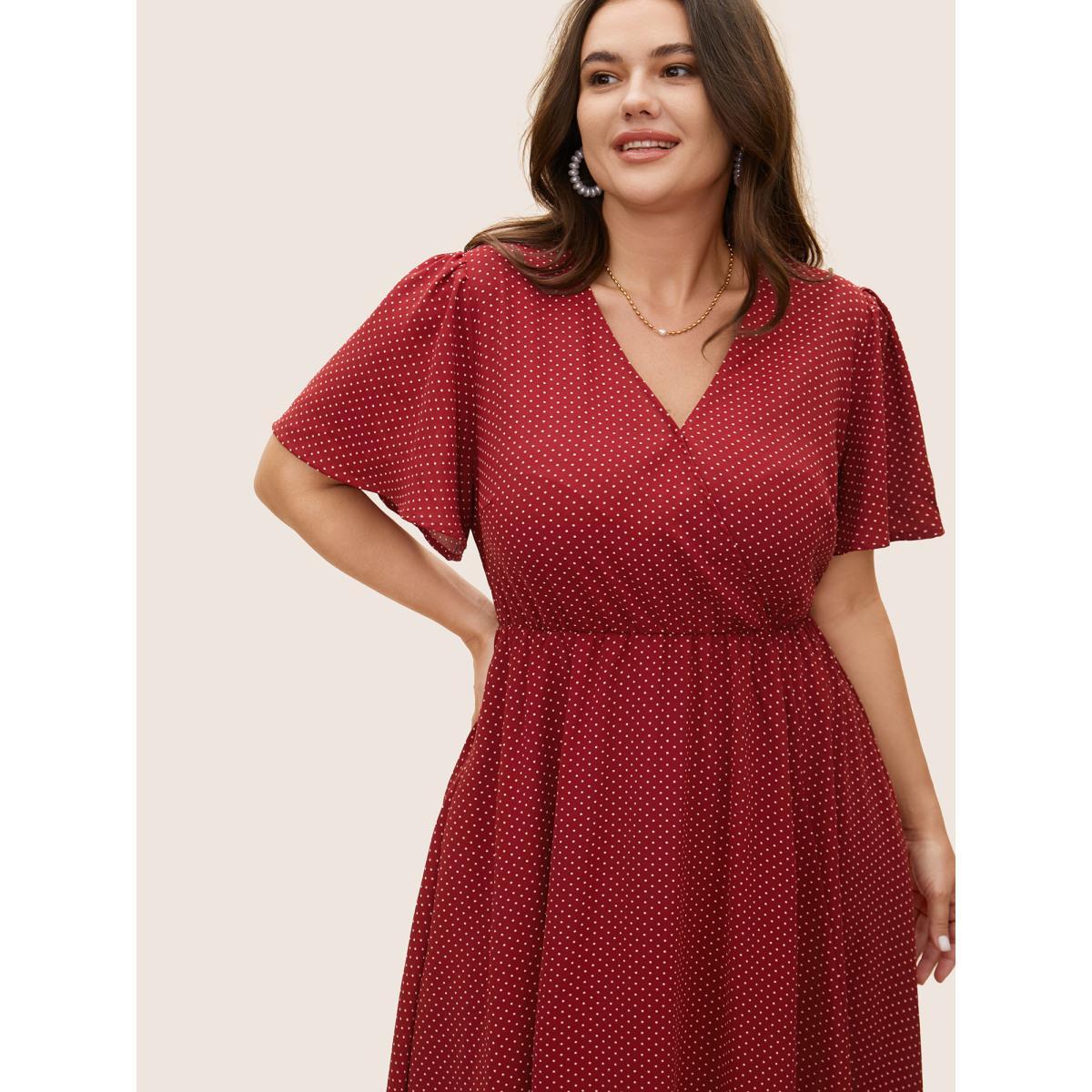 Plus Size Polka Dot Overlap Collar Split Hem Dress Scarlet Women Elegant Ruffles Overlap Collar Short sleeve Curvy BloomChic 14-16/1X Product Image