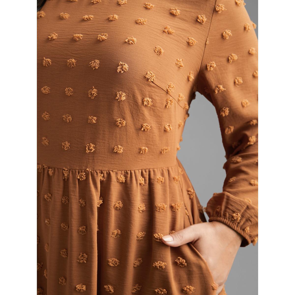 Plus Size Plain Textured Crew Neck Midi Dress Yellowishbrown Women Resort Texture Round Neck Long Sleeve Curvy BloomChic 18-20/2X Product Image