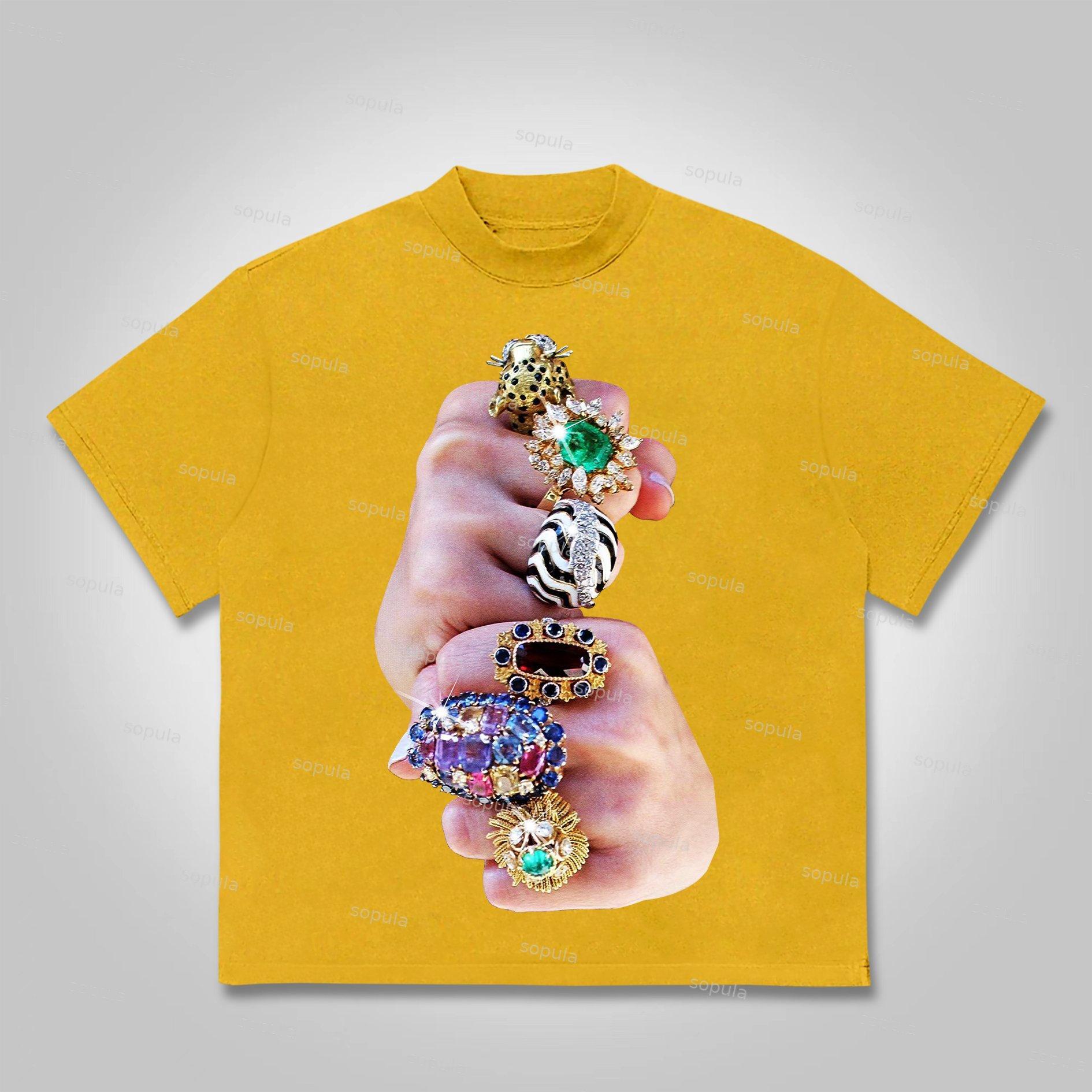 Sopula Finger Graffiti Diamond Ring Print Cotton T-shirt Product Image