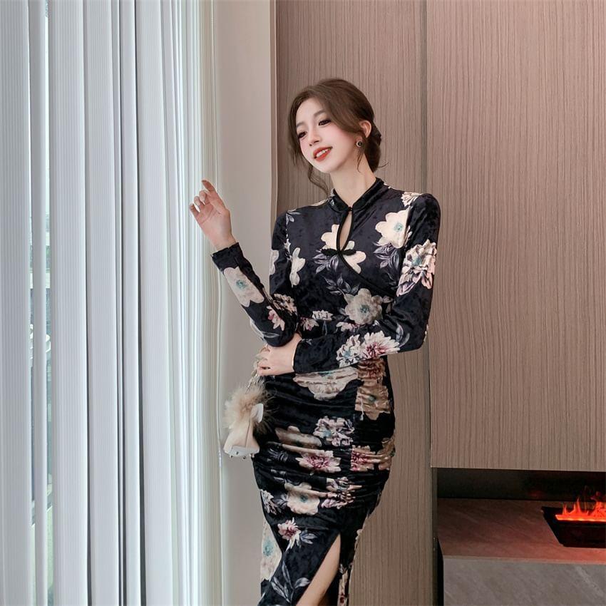 Long-Sleeve Stand Collar Floral Print Keyhole Slit Midi Bodycon Dress Product Image