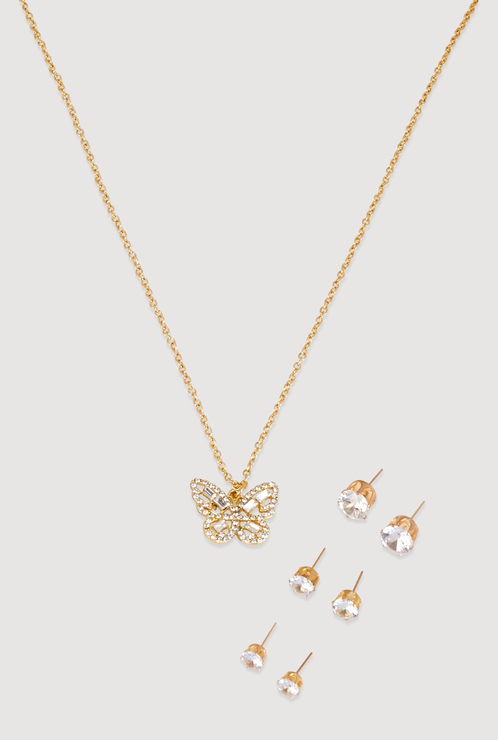 Cubic Zirconia Layered Butterfly Necklace and Stud Earrings Female Product Image