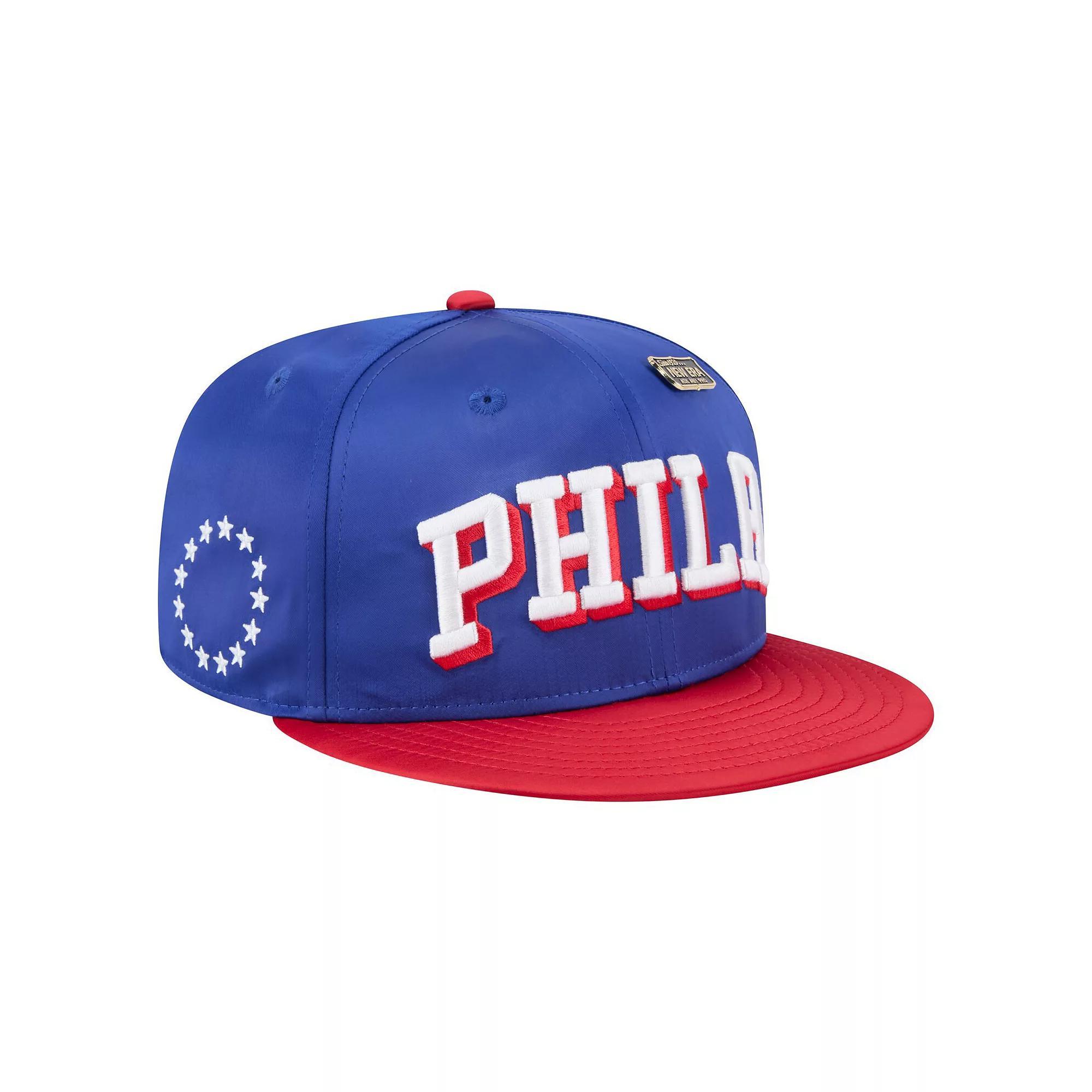 Men's New Era  Royal/Red Philadelphia 76ers Throwback Satin Vintage Pin Two-Tone 59FIFTY Fitted Hat, Size: 7 3/8, 76r Blue Product Image