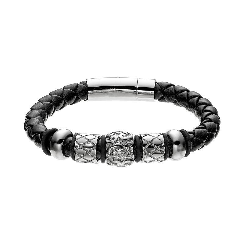 Stainless Steel and Leather Bead Bracelet - Men, Men's, Size: 8.5", Black Product Image