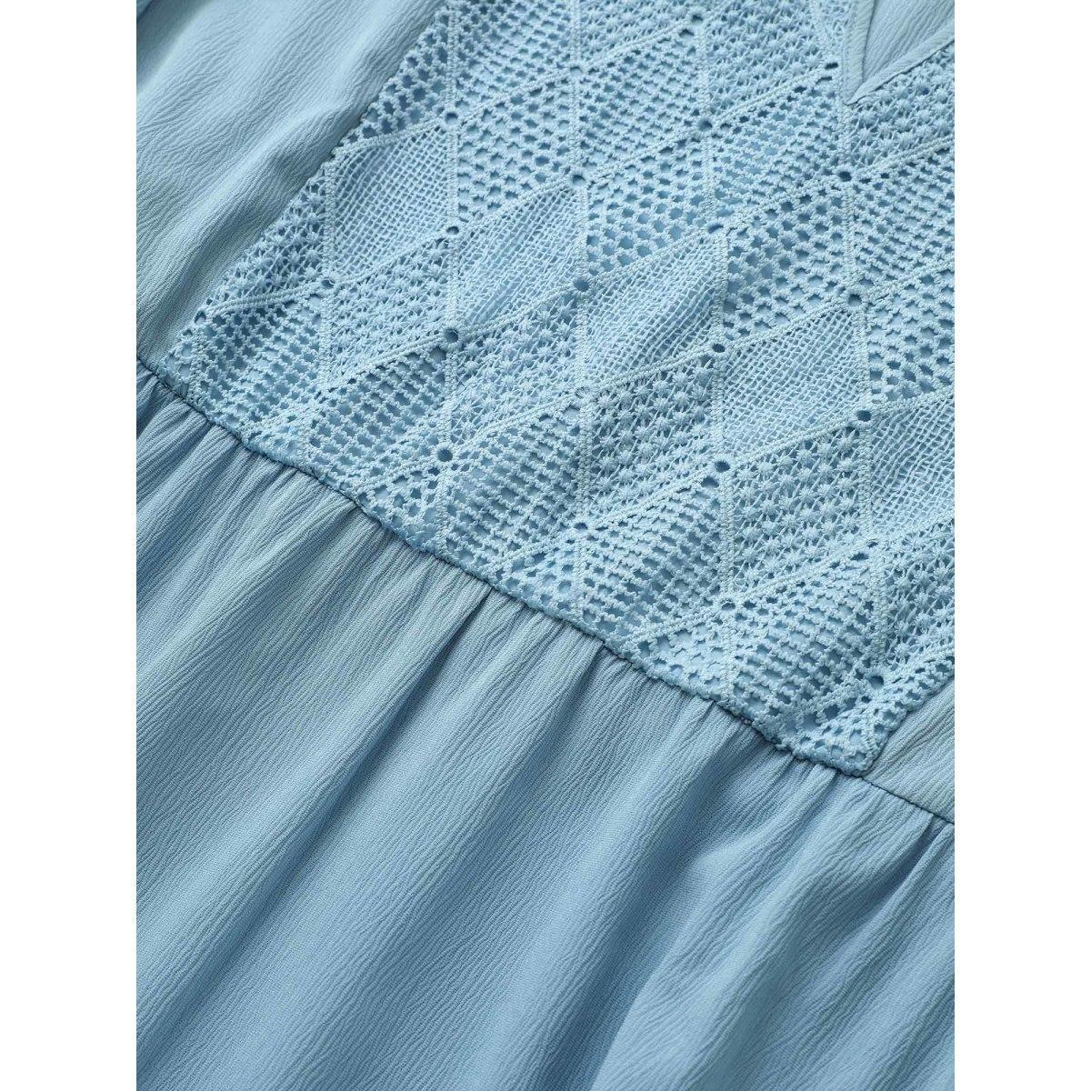 Plus Size Geometric Hollow Out Notched Ruffle Layered Hem Dress LightBlue Women Elegant Broderie anglaise Round Neck Long Sleeve Curvy Midi Dress BloomChic 18-20/2X Product Image