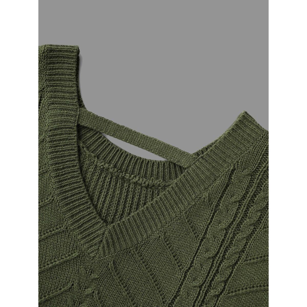 Plus Size Plain Hollow Out Cable Knit Pullover Moss Women Casual Loose Long Sleeve Round Neck Everyday Pullovers BloomChic 22-24/3X Product Image