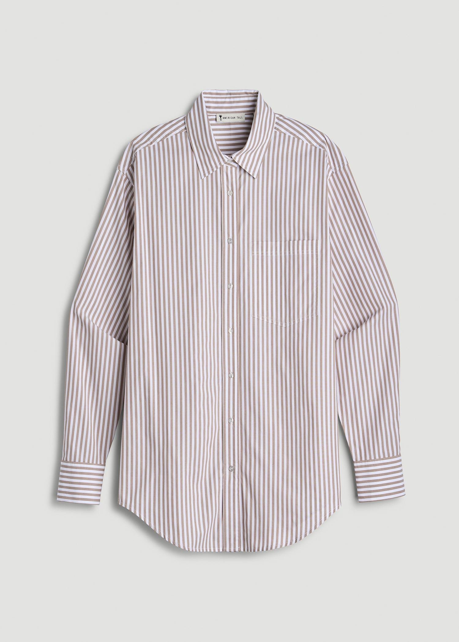 Relaxed Poplin Button-Up Shirt for Tall Women in Brown and White Stripe Product Image