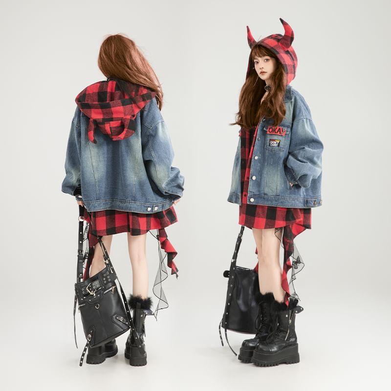 Hooded Plaid Panel Mock Two Piece Washed Denim Oversized Jacket Product Image
