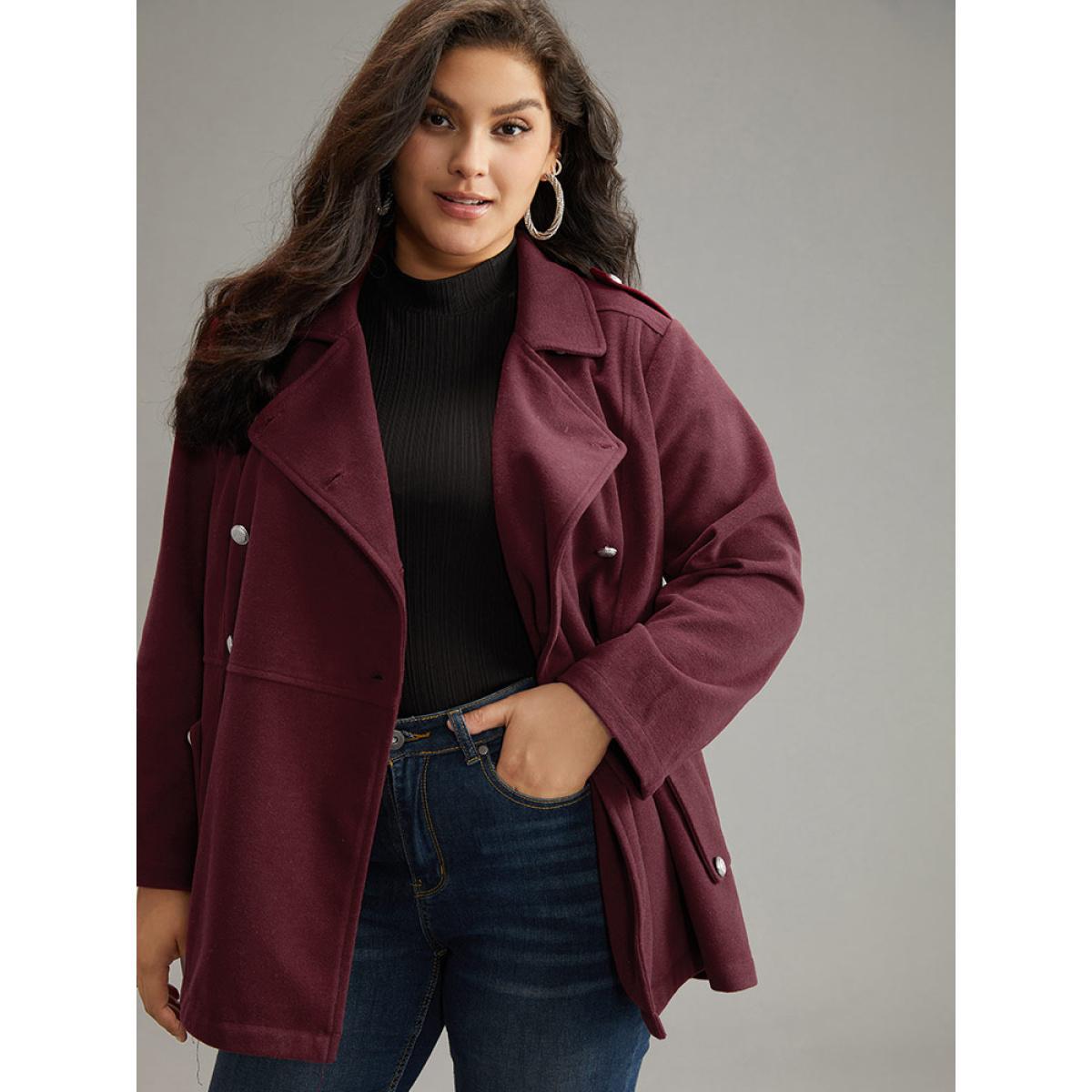 Plus Size Solid Button Detail Pocket Lapel Collar Coat Women Scarlet Casual Plain Ladies Dailywear Winter Coats BloomChic 30/6X Product Image