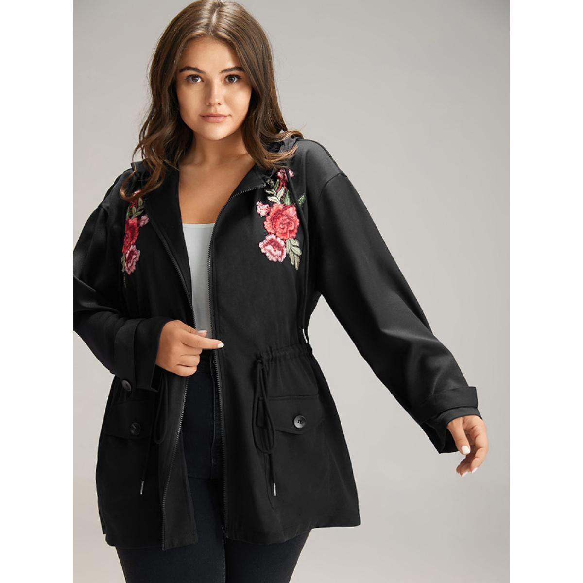 Plus Size Floral Embroidered Elastic Waist Hooded Drawstring Coat Women Black Zipper Pocket Dailywear Jackets BloomChic 30/6X Product Image