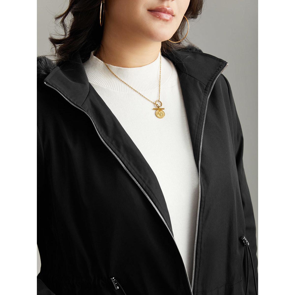 Plus Size Plain Zipper Hooded Pocket Drawstring Coat Women Black Casual Plain Ladies Dailywear Winter Coats BloomChic 10/M Product Image