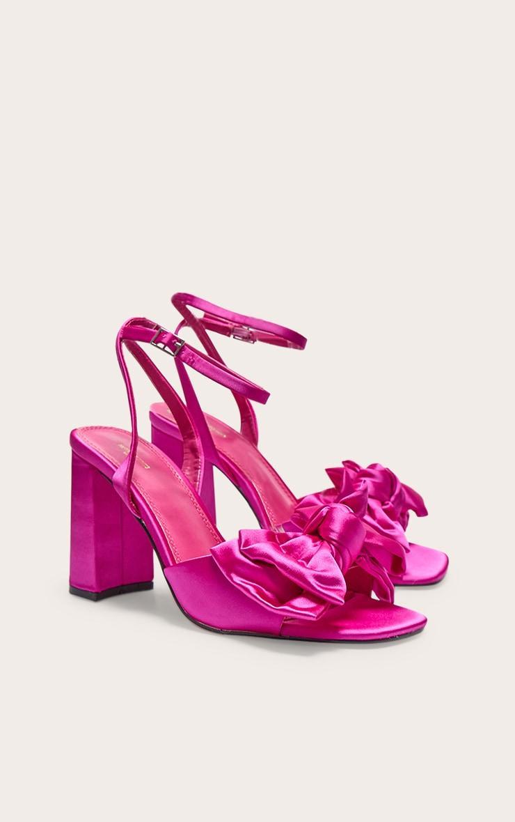 Pink Wide Fit Satin Round Toe Bow Block Heeled Sandals Product Image