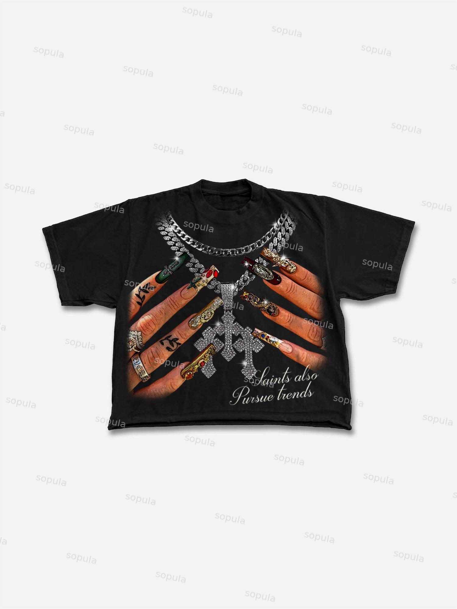 Vintage Cross Necklace, Nail Art Graphic Cropped T-shirt Product Image