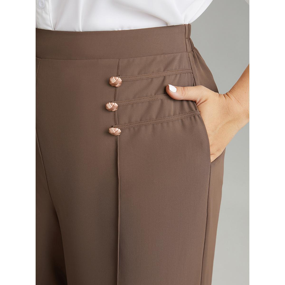 Plus Size Static-Free Button Detail Seam Detail Elastic Waist Pants Women Tan At the Office Wide Leg High Rise Work Pants BloomChic 22-24/3X Product Image