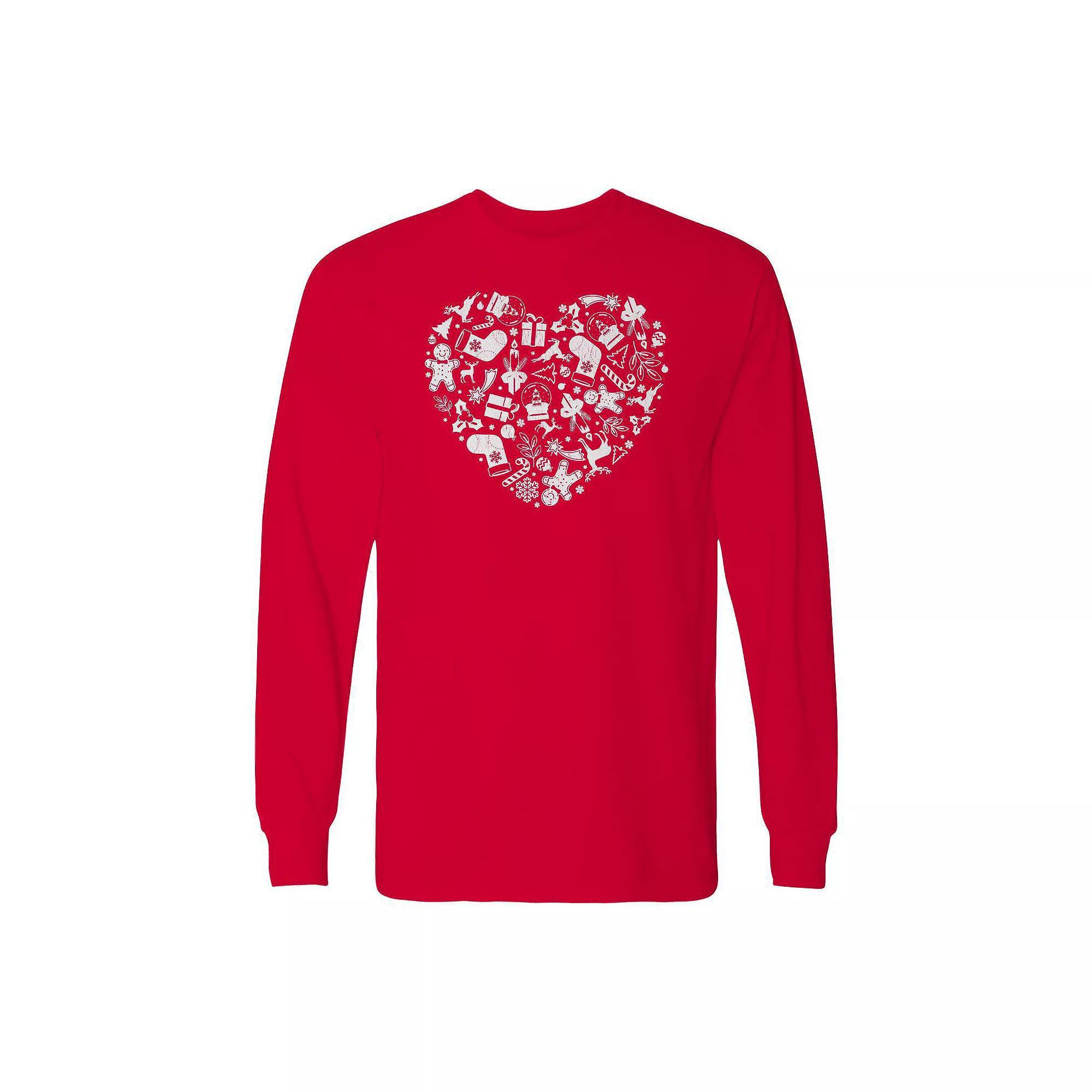 Men's Christmas Heart Long Sleeve Graphic Tee, Size: Large, Red Product Image