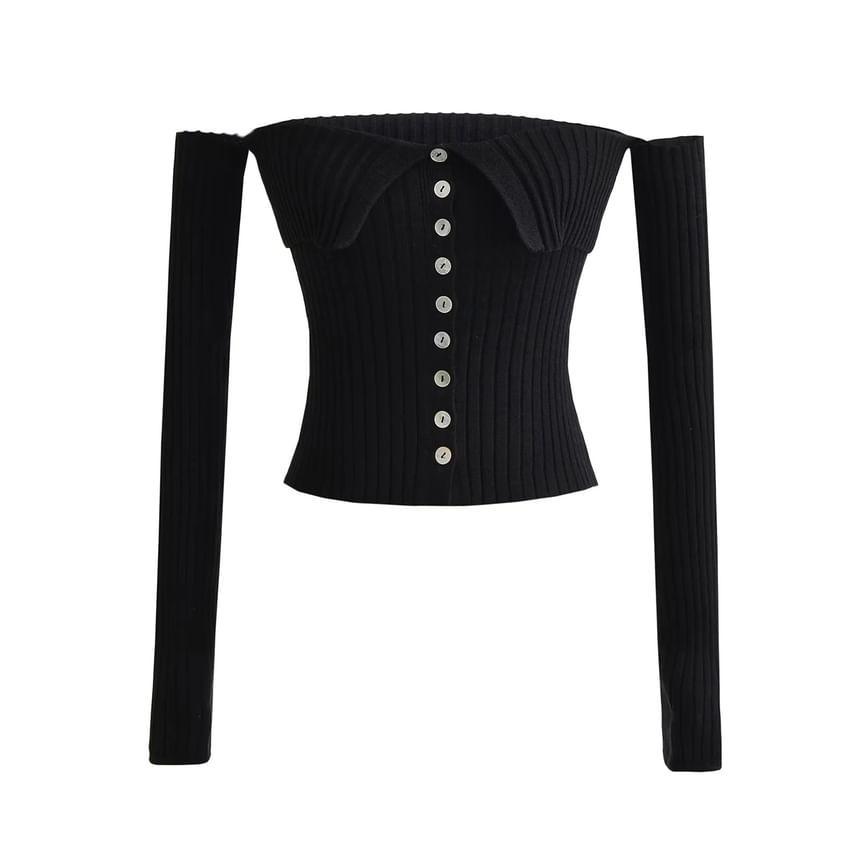 Off-Shoulder Long Sleeve Plain Ribbed Knit Button Up Cropped Top Product Image