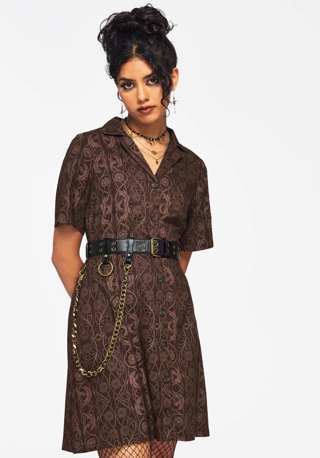 Fianna Button Front Mini Dress - Brown Product Image