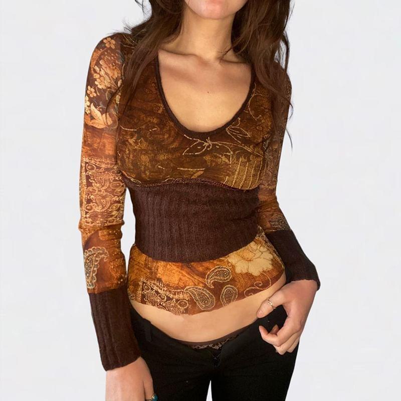 Long Sleeve Scoop Neck Paisley Mesh Panel Top Product Image