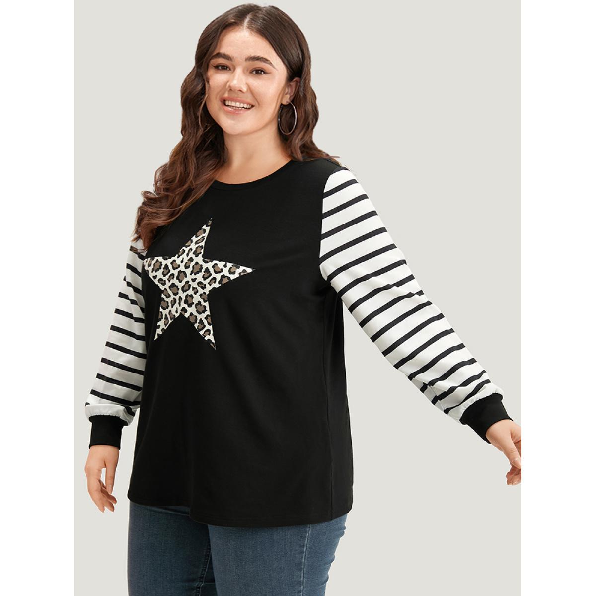 Plus Size Star Leopard Print Striped Patchwork Crew Neck Sweatshirt Women Black Casual Elastic cuffs Dailywear Sweatshirts BloomChic 14-16/1X Product Image