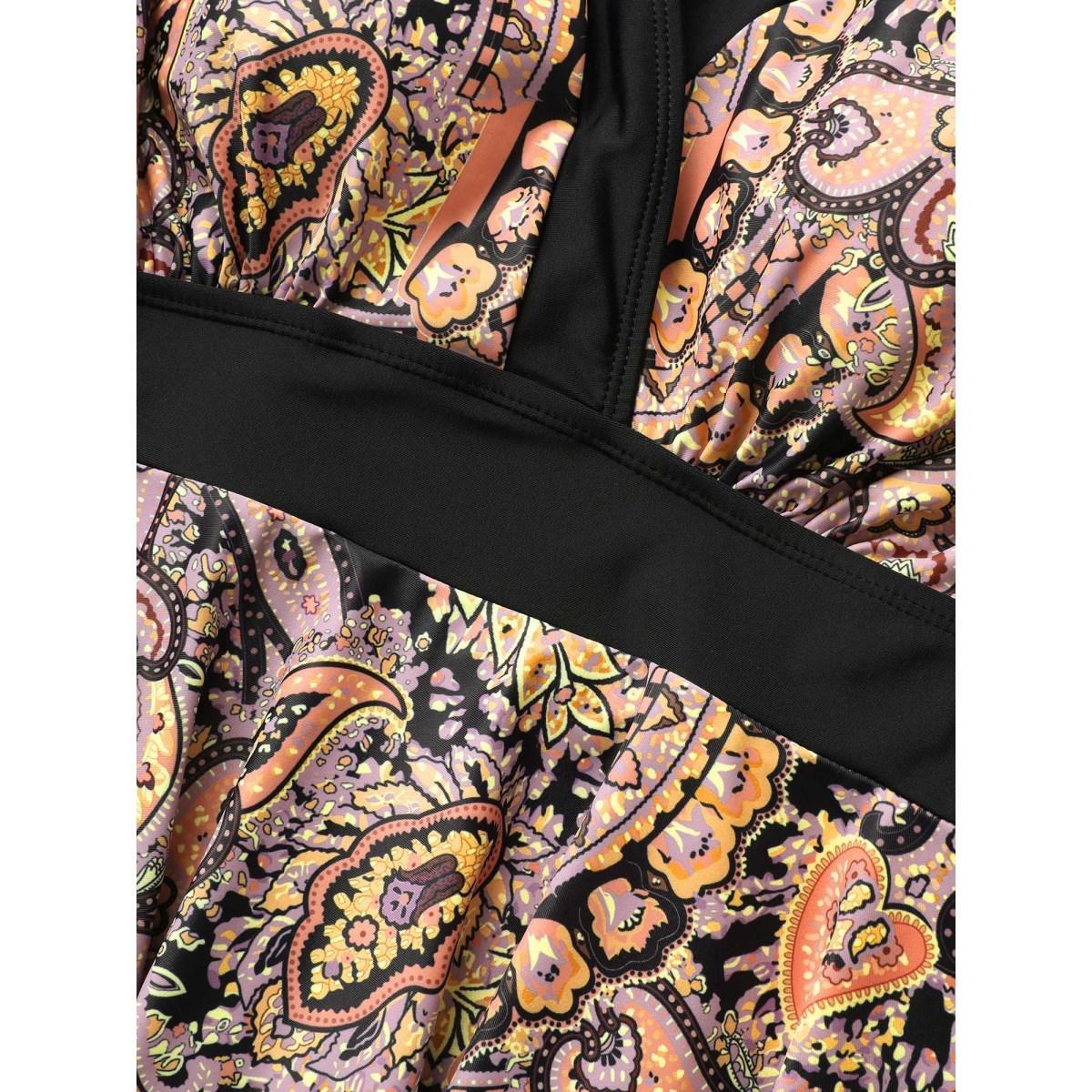 Plus Size Paisley Print Wrap Contrast Trim Swim Dress Women's Swimwear Black Beach Bodycon V-neck High stretch Curve Swim Dresses BloomChic 22-24/3X Product Image