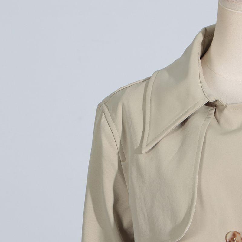 Collared Plain Panel High-Low Button Trench Coat Product Image