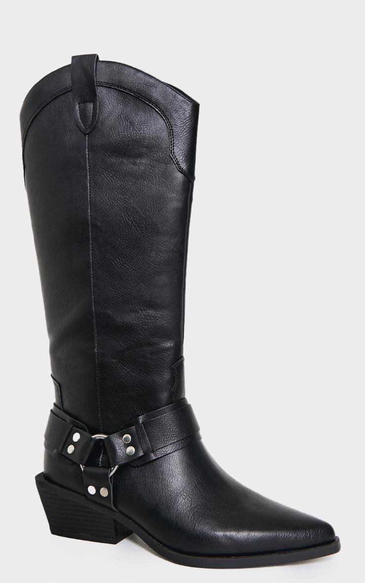 Black Burnished PU Point Toe Buckle Harness Detail Knee High Western Boots Product Image