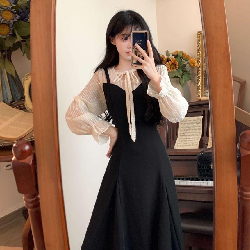 Long Sleeve Round Neck Mock Two Piece Tie Front Midi A-Line Dress Product Image