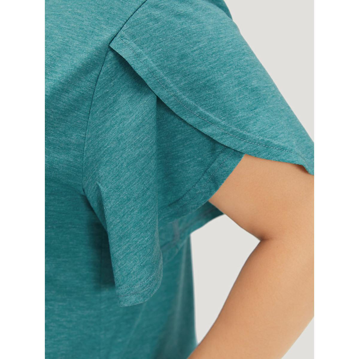 Plus Size Supersoft Essentials Solid Pocket Keyhole Petal Sleeve Dress Cerulean Women Casual Plain V-neck Short sleeve Curvy Midi Dress BloomChic 10/M Product Image