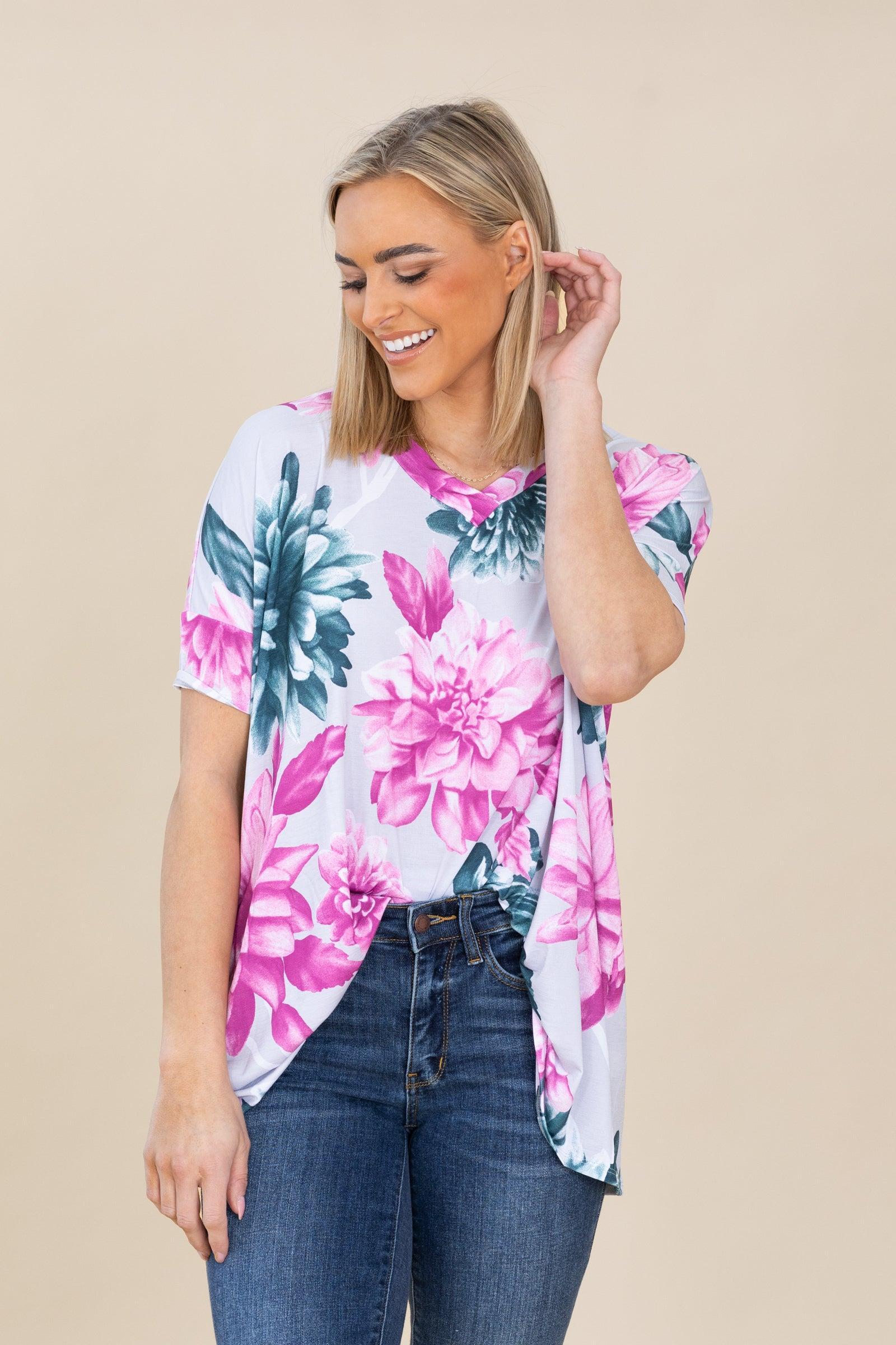 Grey Loose Fit Vintage Floral Knit Tunic Top Product Image