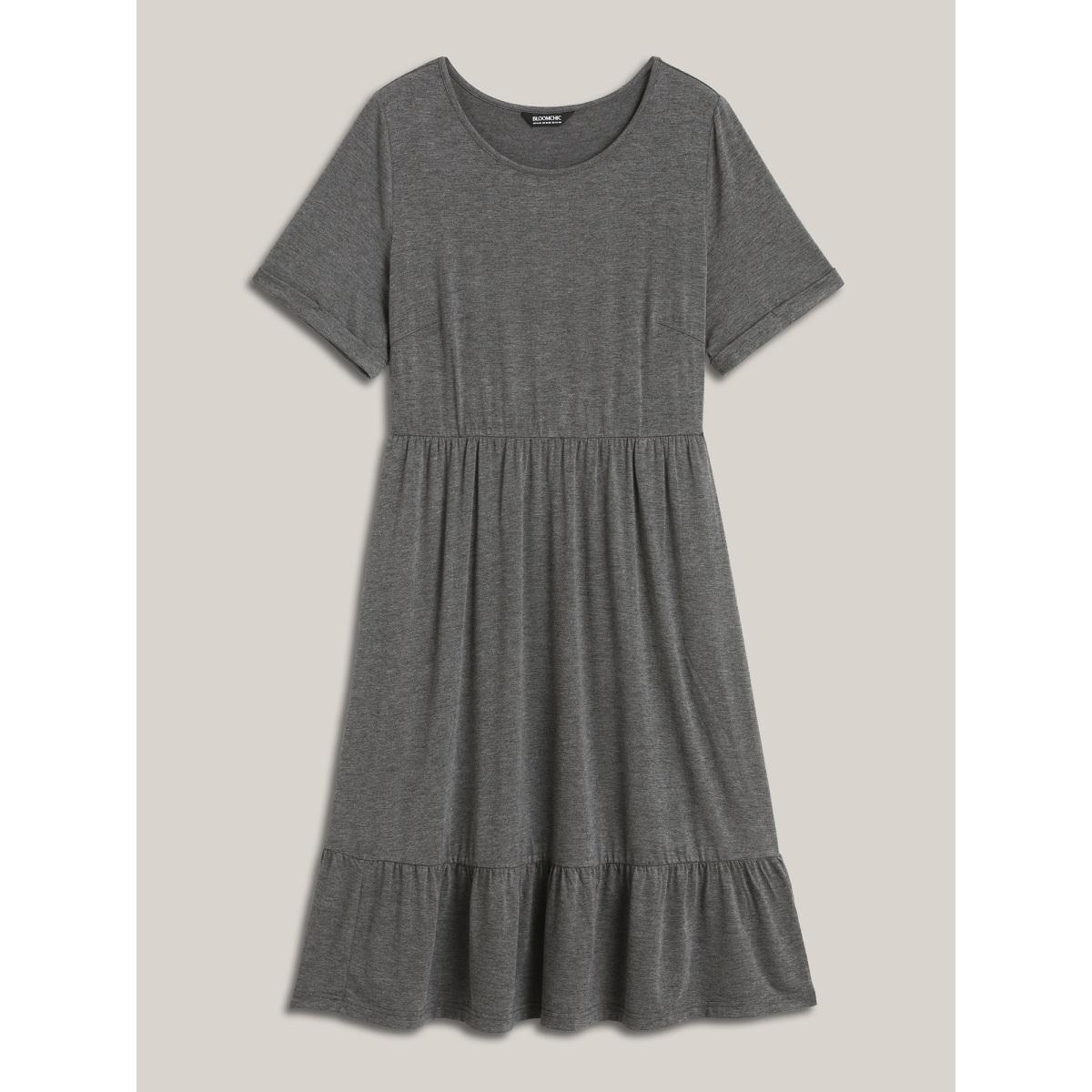 Plus Size Stretchy Fabric Pockets Ruffled Hem Midi Dress DarkGray Women Casual Knit Dresses Bloomchic 14-16/1X Product Image
