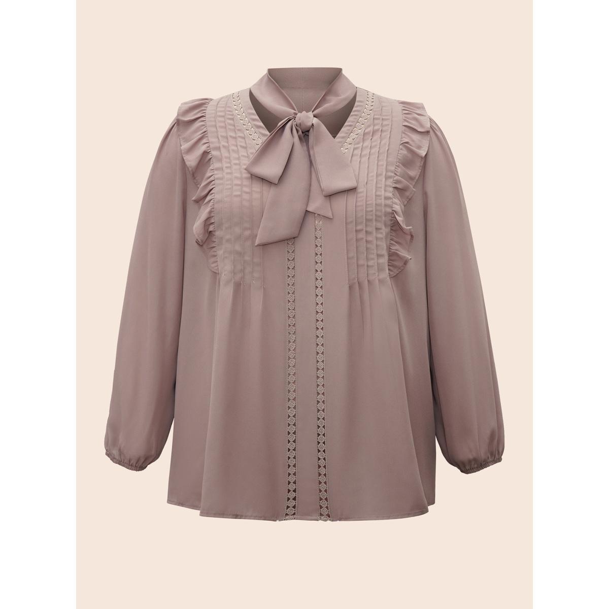 Plus Size Dirtypink Ribbon Tied Collar Ruffles Lantern Sleeve Blouse Women Elegant Long Sleeve Ribbon-tied collar Everyday Blouses BloomChic 30/6X Product Image