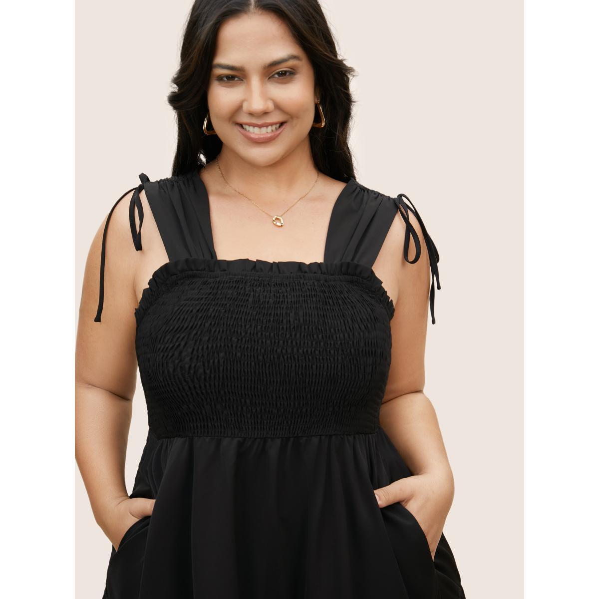 Plus Size Plain Shirred Drawstring Ruffle Layered Hem Dress Black Women Elegant Gathered Square Neck Sleeveless Curvy BloomChic 28/5X Product Image