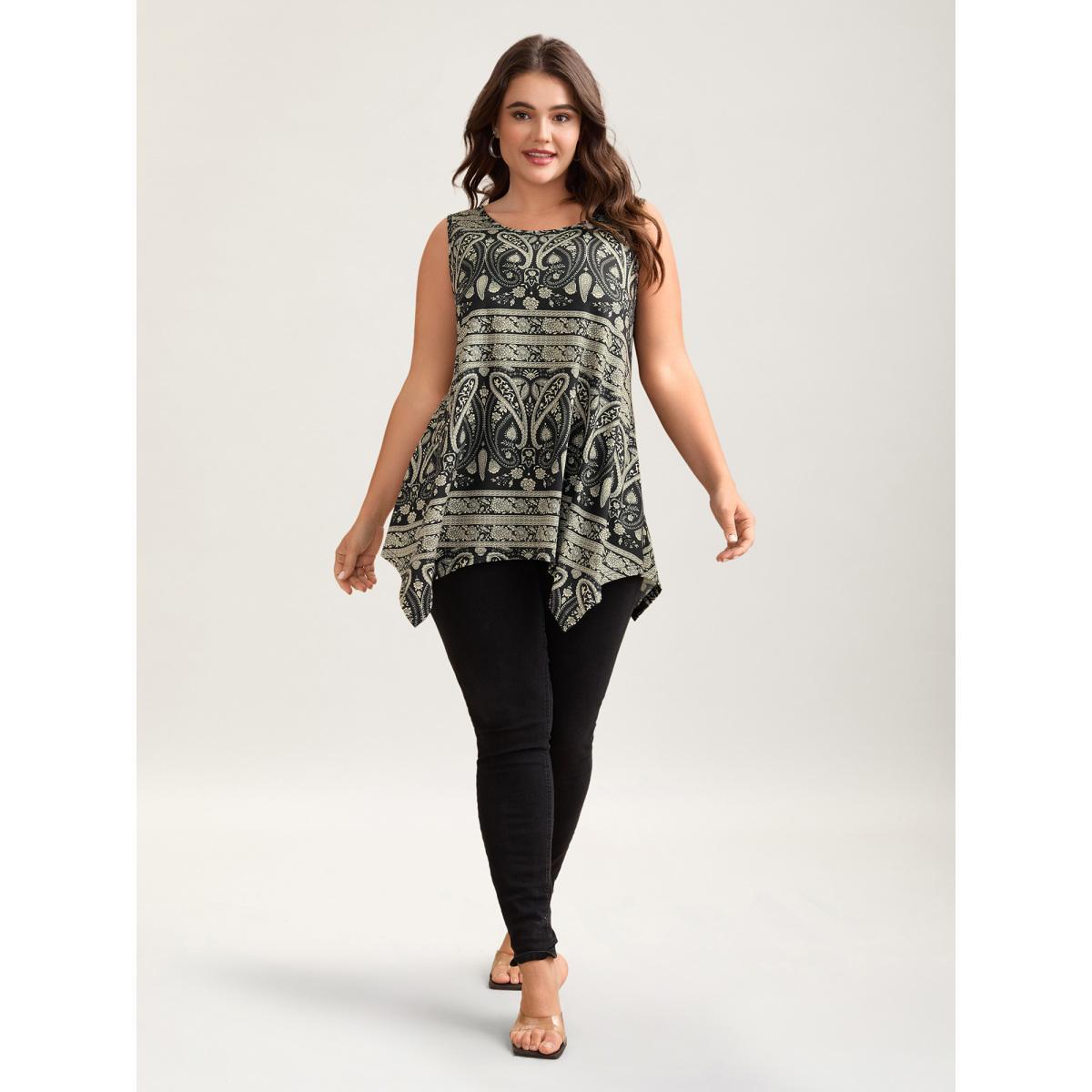 Plus Size Boho Print Flared Tank Top Women Black Casual Asymmetrical Round Neck Everyday Tank Tops Camis BloomChic 26/4X Product Image