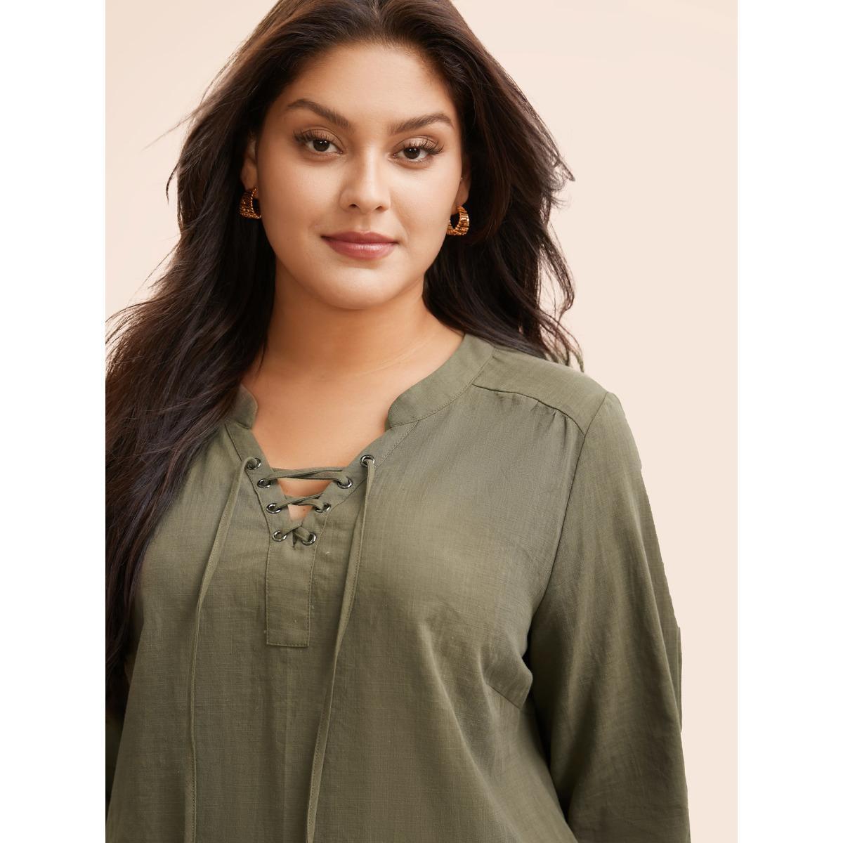 Plus Size ArmyGreen Solid Cross Straps Pleated Blouse Women Elegant Long Sleeve V-neck Everyday Blouses BloomChic 14-16/1X Product Image