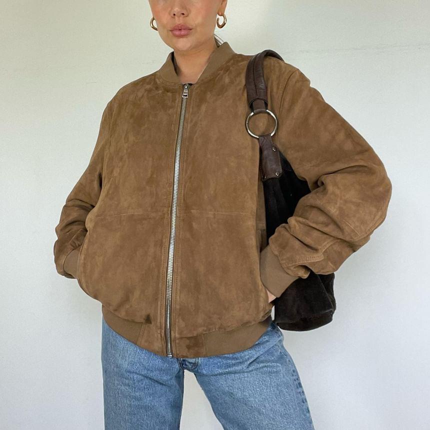 Plain Faux Suede Zip Baseball Jacket Product Image