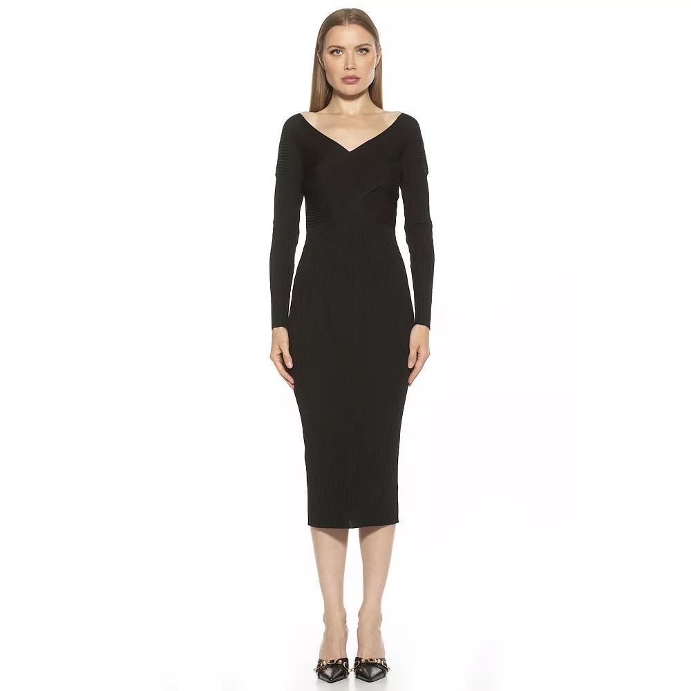 Women's ALEXIA ADMOR Christy Crossover Long Sleeve Ribbed Knit Dress, Size: Medium, Black Product Image