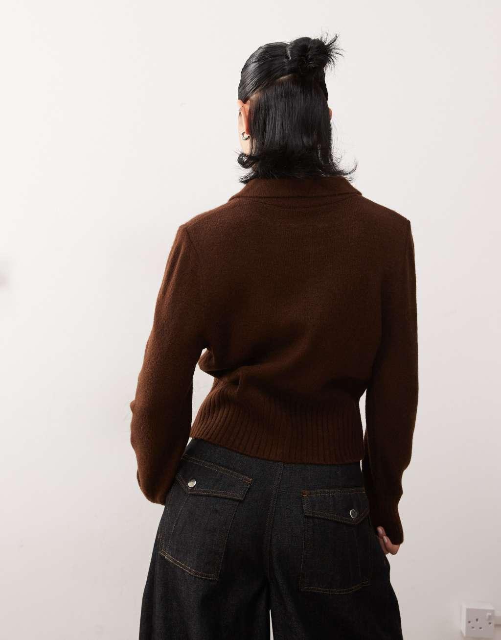 Reclaimed Vintage knitted zip through cardigan in chocolate Product Image