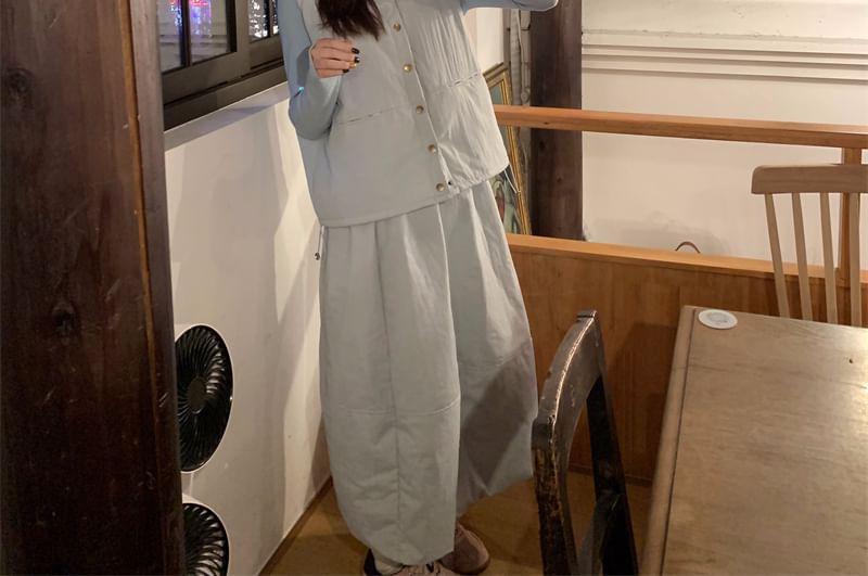Long-Sleeve Mock Neck Plain Slim Fit T-Shirt / Padded Button Vest / Elastic Waist Midi A-Line Skirt Product Image