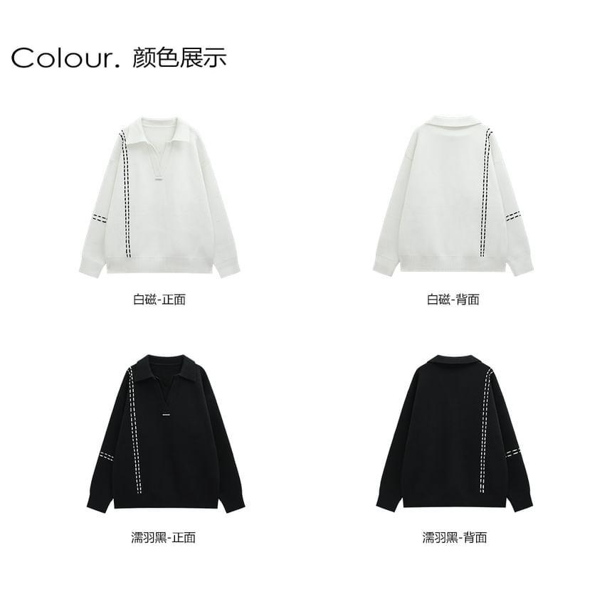 Long-Sleeve Contrast Stitched Polo-Neck Sweater Product Image