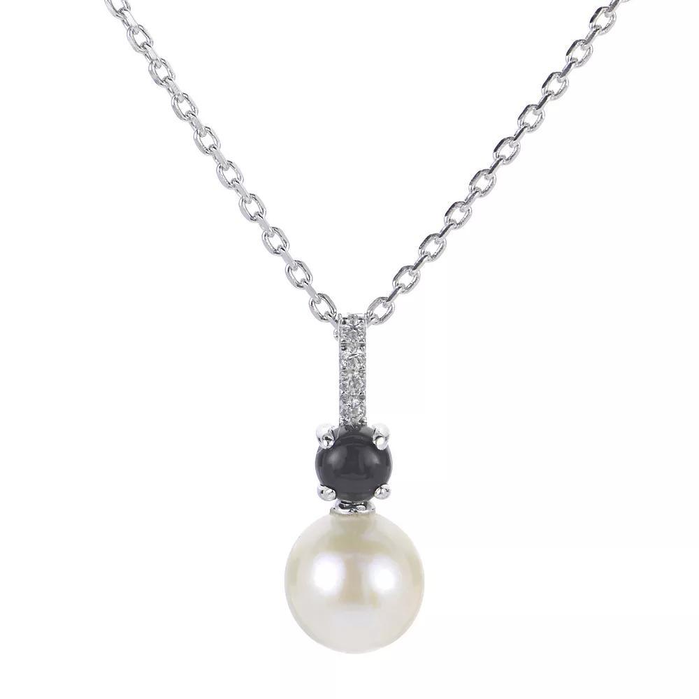 PearLustre by Imperial Sterling Silver Freshwater Cultured Pearl, Lab-Created White Sapphire & Black Onyx Pendant Necklace, Womens Product Image