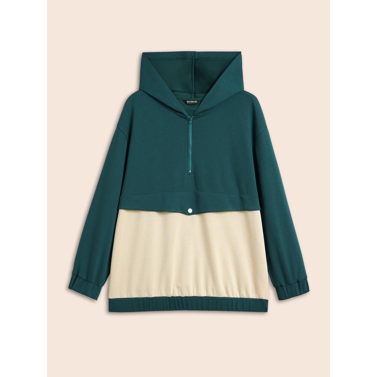 Plus Size Contrast Half Zip Hooded Sweatshirt Women Cyan Casual Contrast Hooded Everyday Sweatshirts BloomChic 26/4X Product Image