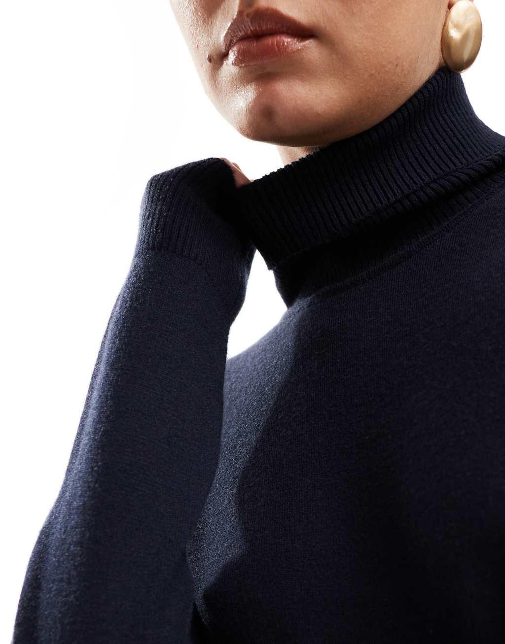 French Connection super soft roll neck light knit sweater in navy Product Image