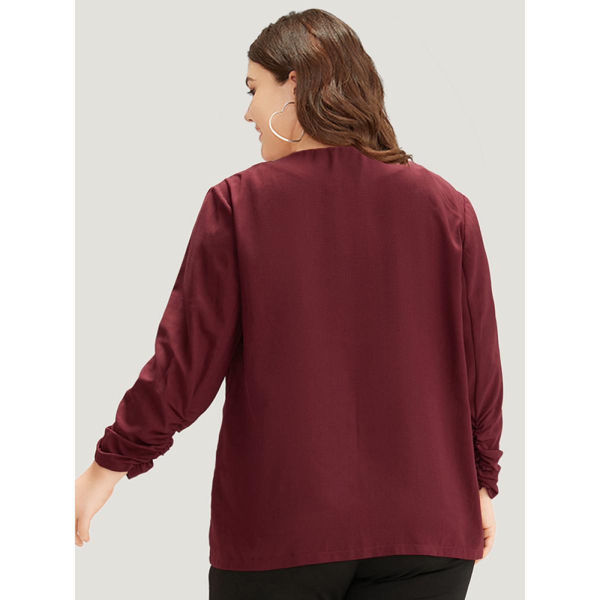 Plus Size Plain Pocket Open Front Gathered Blazer Scarlet Women Work Plain Elastic cuffs Sleeve Long Sleeve Open Front 18-20/2X Pocket Office Blazers BloomChic Product Image
