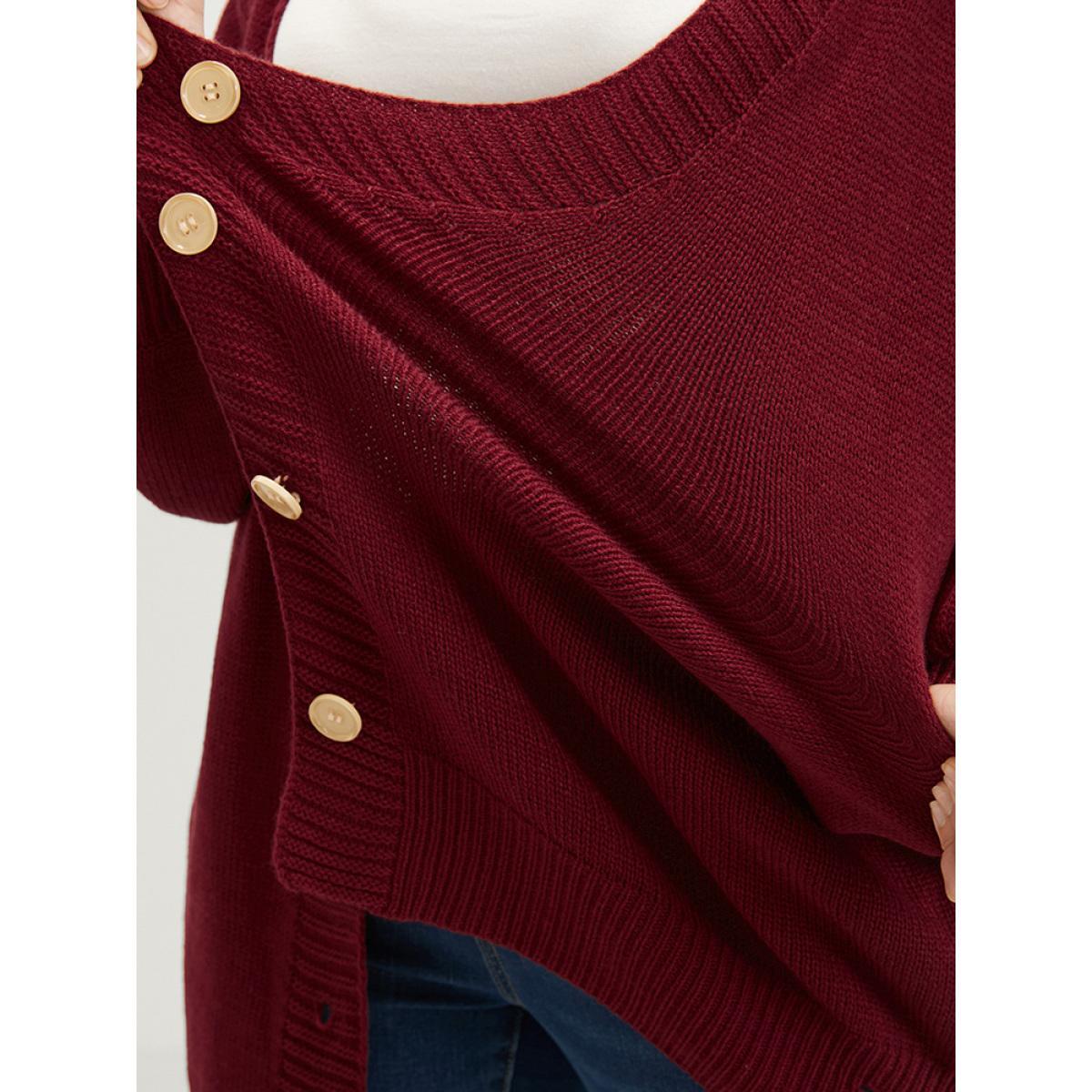 Plus Size Solid Pointelle Knit Distressed Button Front Mid Long Cardigan Scarlet Women Elegant Loose Long Sleeve Dailywear Cardigans BloomChic 28/5X Product Image