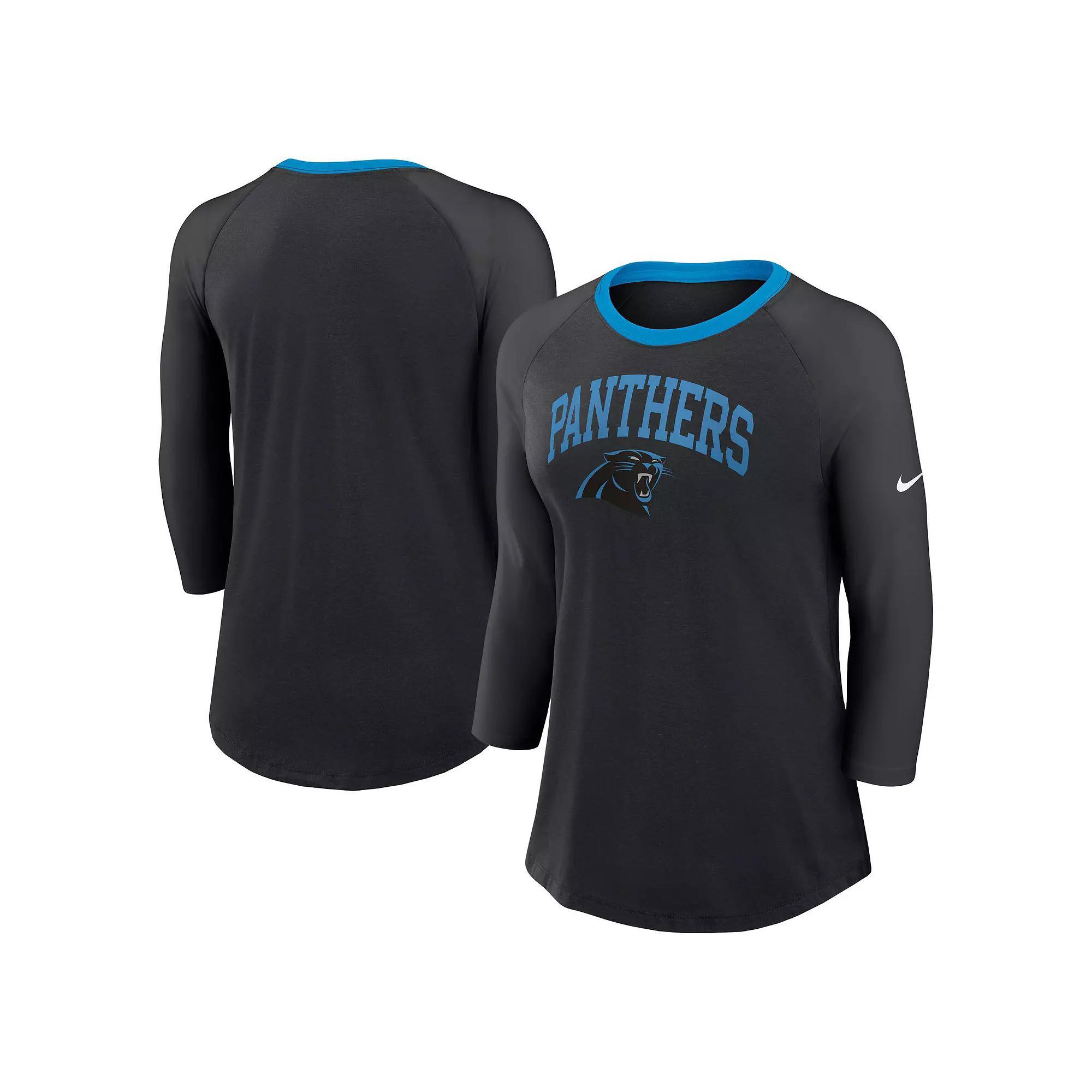 Women's Nike Black Carolina Panthers Raglan 3/4 Sleeve T-Shirt, Size: 2XL Product Image