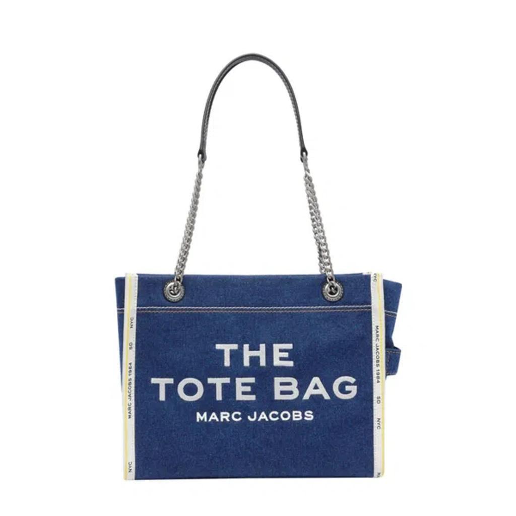 MARC JACOBS The Medium Tote In Blue Denim With Embroidered Logo In Dark Wash Product Image