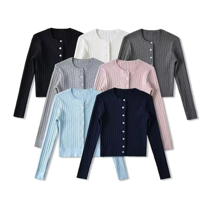 Round Neck Plain Cable Knit Cardigan Product Image