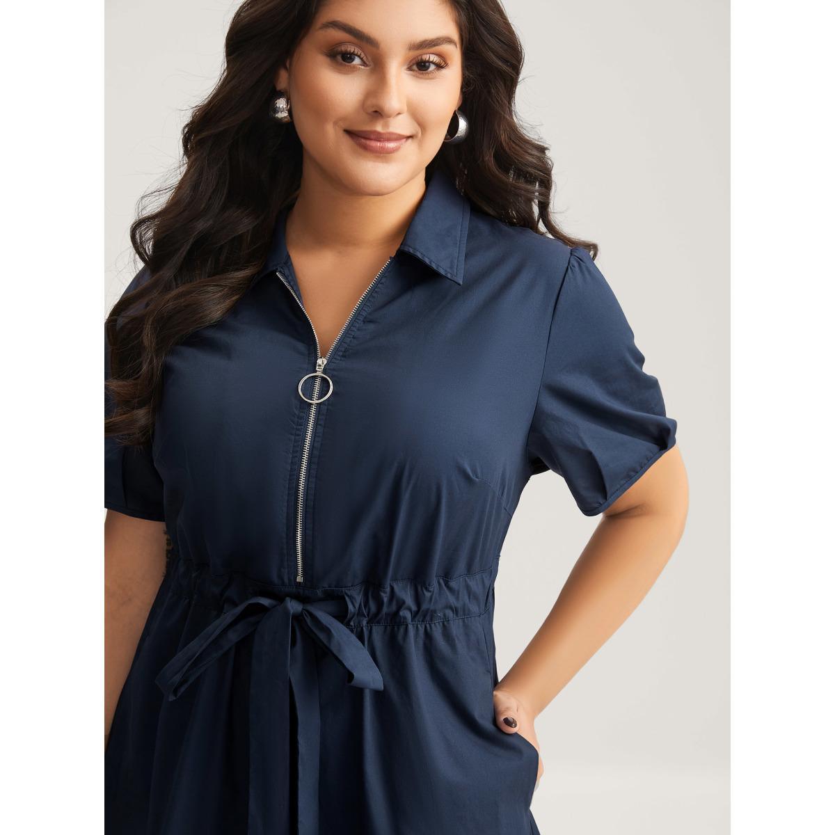 Plus Size Pure Cotton Glide Lock Zipper Midi Dress Navy Women Drawstring Shirt collar Short sleeve Curvy BloomChic 14-16/1X Product Image