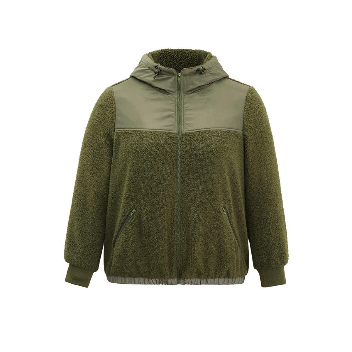 Plus Size Patchwork Zipper Rib Knit Hooded Teddy Jacket Women ArmyGreen Rib Knit Pocket Dailywear Jackets BloomChic 18-20/2X Product Image