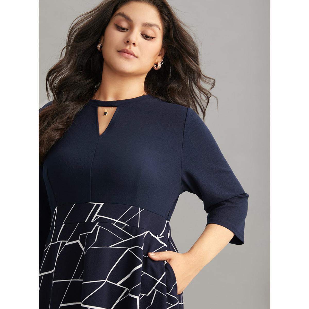 Plus Size Geometric Contrast Keyhole Elastic Waist Dress Indigo Women Office Contrast Keyhole Cut-Out Elbow-length sleeve Curvy Midi Dress BloomChic 18-20/2X Product Image